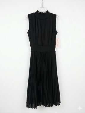 ​Nanette Lepore Black Pleated Sleeveless Midi Dress Smocked Waist Cocktail Dress
